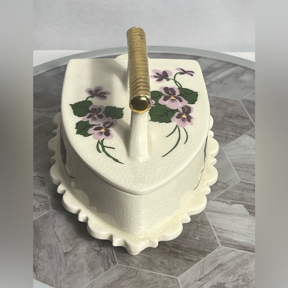 Vintage Ceramic Iron-Shaped Trinket Box with Floral Design